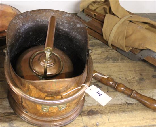 Copper warming pan, kettle & coal scuttle